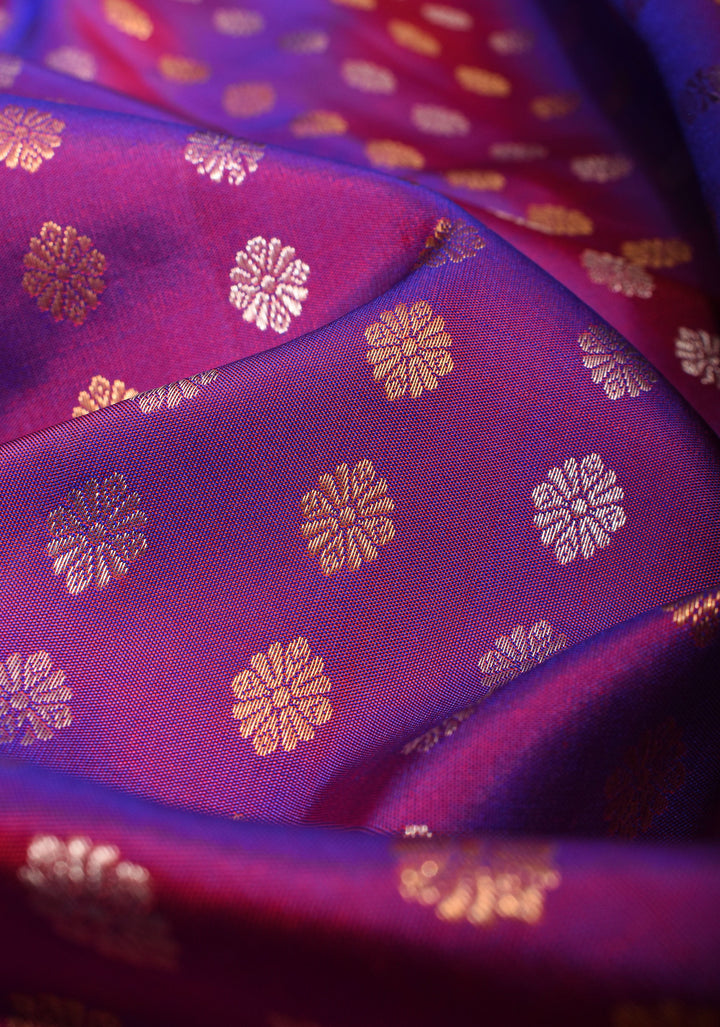 Purple dual tone Gadwal Silk Saree  with dense Zari Buttas and Wide red Border | SILK MARK CERTIFIED