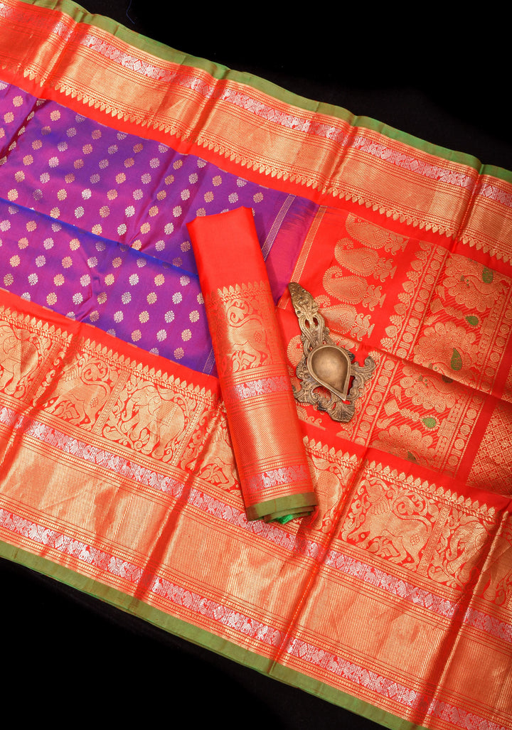 Purple dual tone Gadwal Silk Saree  with dense Zari Buttas and Wide red Border | SILK MARK CERTIFIED