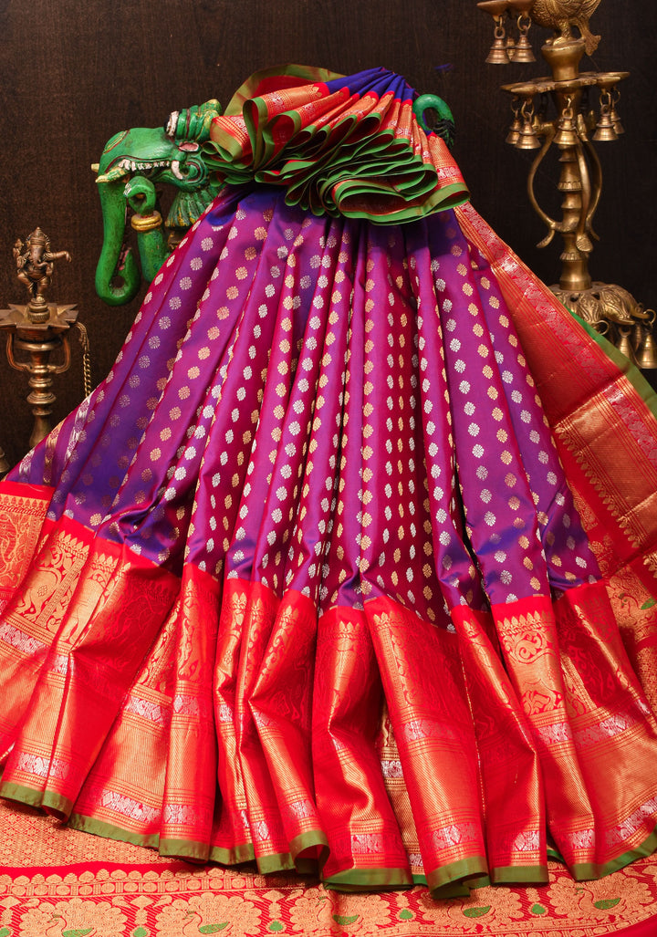 Purple dual tone Gadwal Silk Saree  with dense Zari Buttas and Wide red Border | SILK MARK CERTIFIED