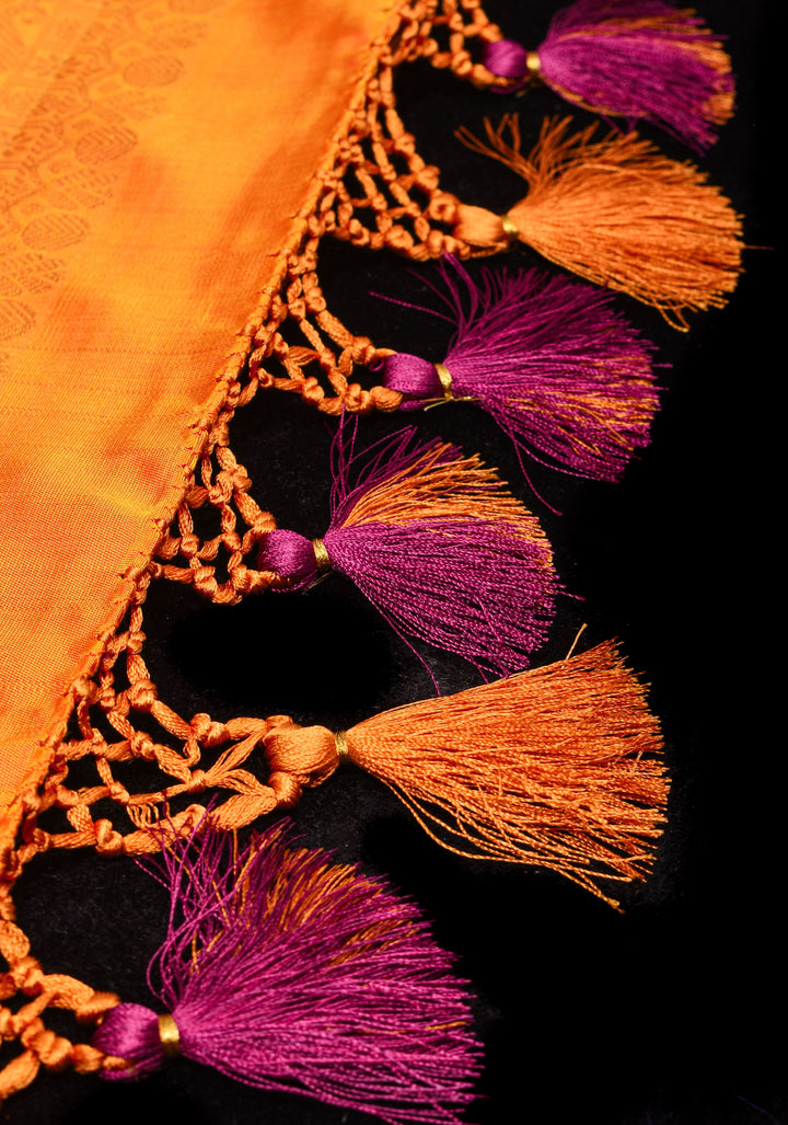 Exquisite Brocade Gadwal  with wide zari Border in Purple Red Dual Tone and Mustard Border | SILK MARK CERTFIED