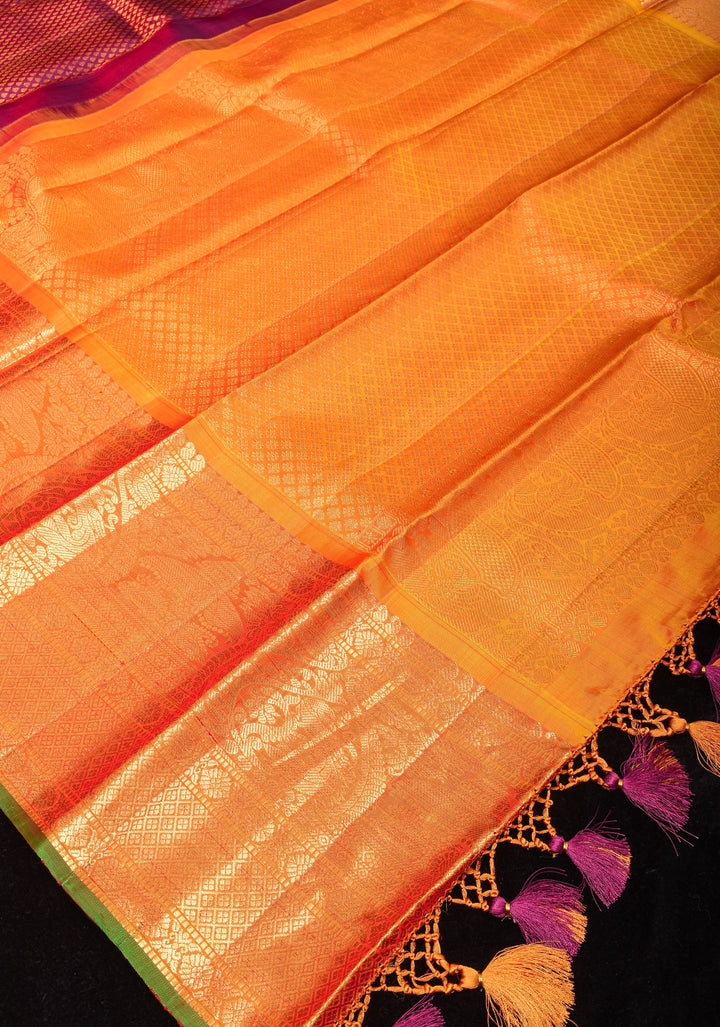 Exquisite Brocade Gadwal  with wide zari Border in Purple Red Dual Tone and Mustard Border | SILK MARK CERTFIED