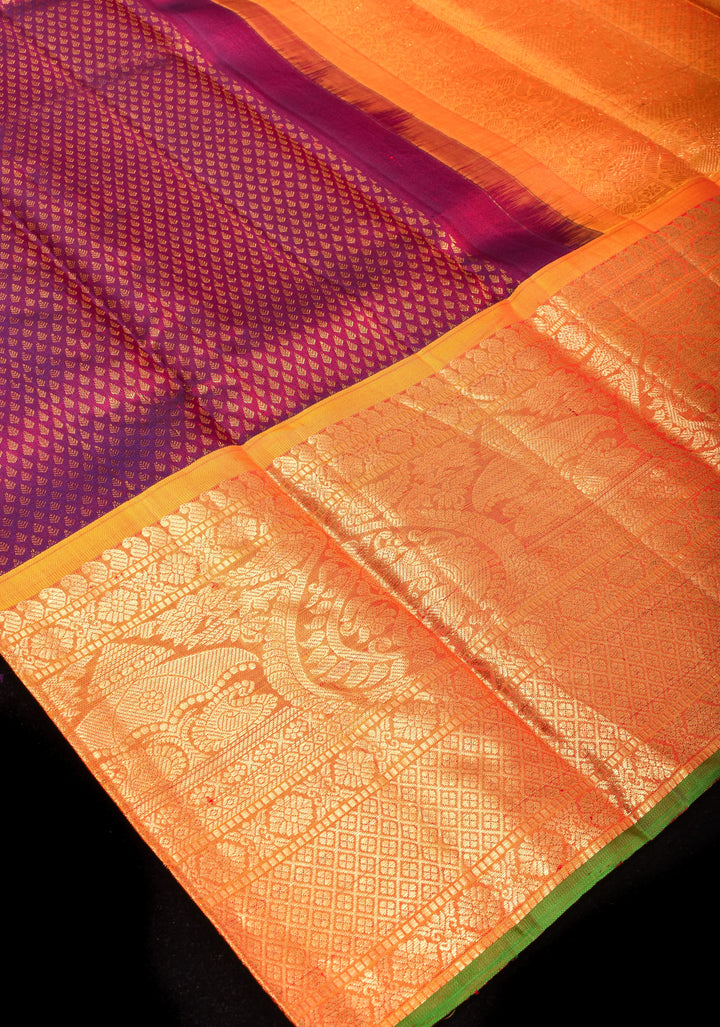 Exquisite Brocade Gadwal  with wide zari Border in Purple Red Dual Tone and Mustard Border | SILK MARK CERTFIED