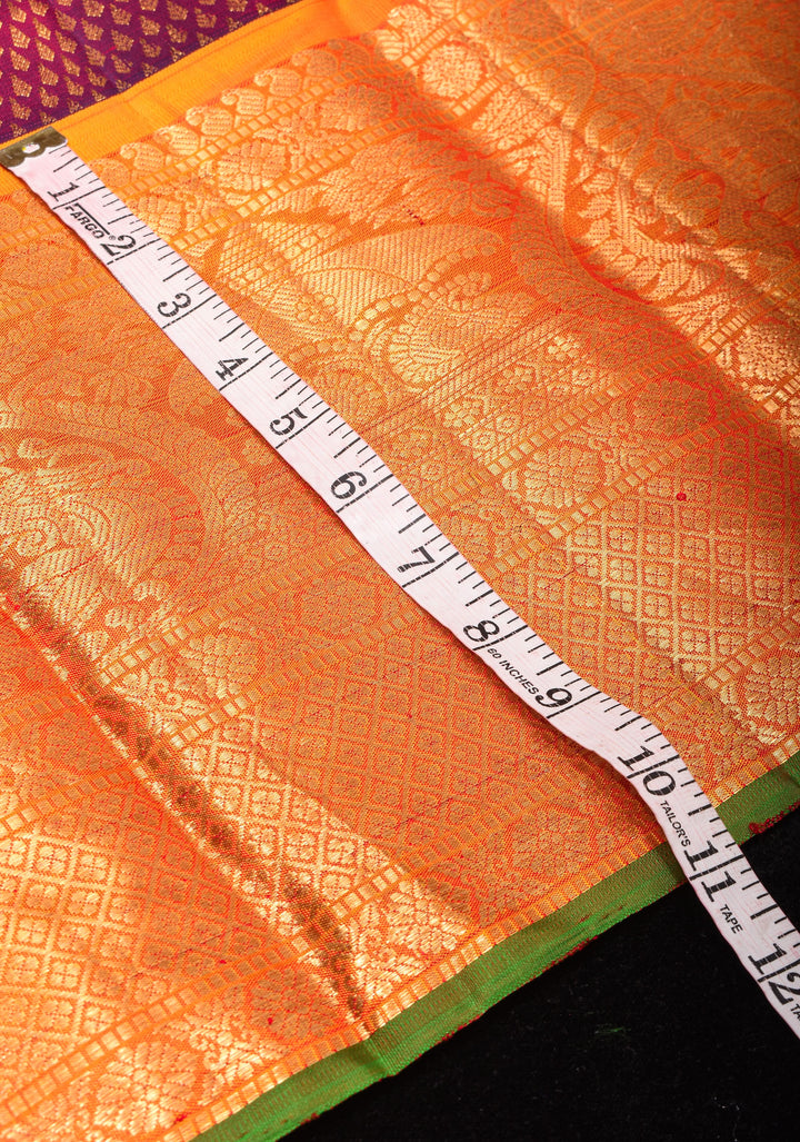 Exquisite Brocade Gadwal  with wide zari Border in Purple Red Dual Tone and Mustard Border | SILK MARK CERTFIED