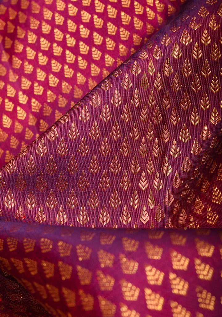 Exquisite Brocade Gadwal  with wide zari Border in Purple Red Dual Tone and Mustard Border | SILK MARK CERTFIED