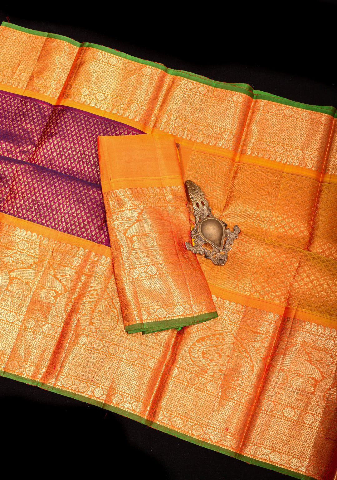 Exquisite Brocade Gadwal  with wide zari Border in Purple Red Dual Tone and Mustard Border | SILK MARK CERTFIED