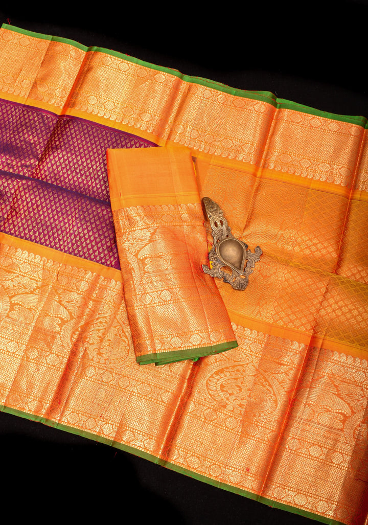Exquisite Brocade Gadwal  with wide zari Border in Purple Red Dual Tone and Mustard Border | SILK MARK CERTFIED
