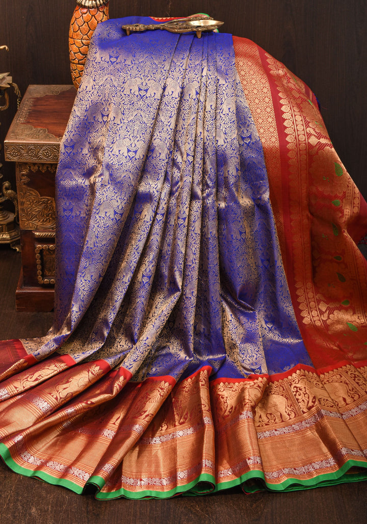 Exquisite Twin Elephant Brocade Gadwal Silk Saree in Blue with Meenakari Border and Grand Zari Pallu | SILK MARK CERTIFIED