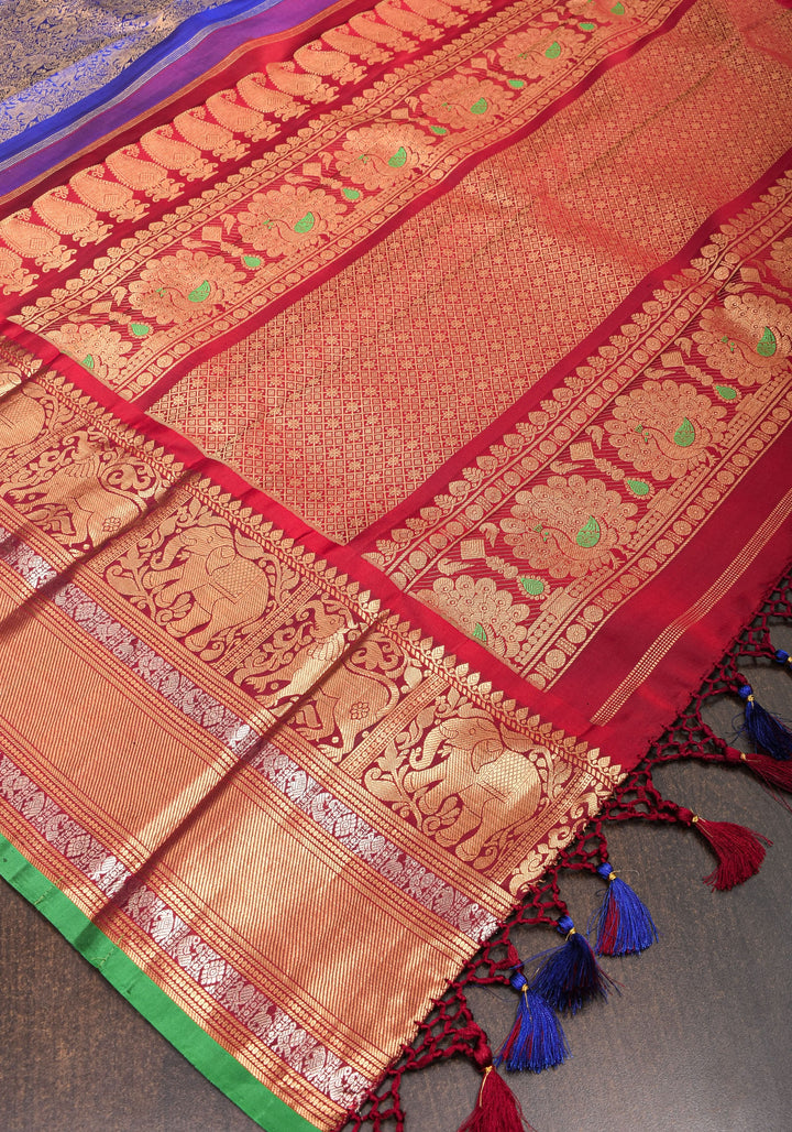 Exquisite Twin Elephant Brocade Gadwal Silk Saree in Blue with Meenakari Border and Grand Zari Pallu | SILK MARK CERTIFIED