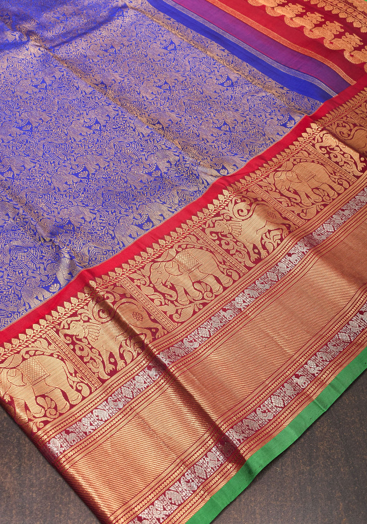 Exquisite Twin Elephant Brocade Gadwal Silk Saree in Blue with Meenakari Border and Grand Zari Pallu | SILK MARK CERTIFIED