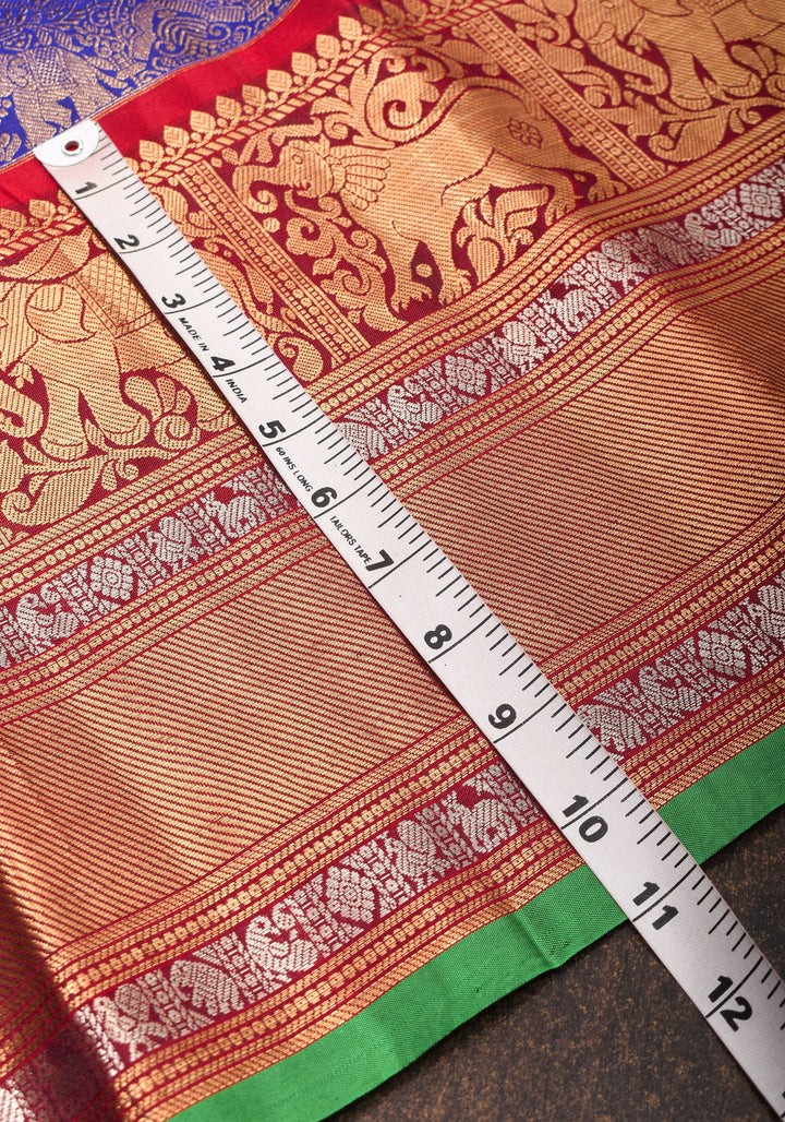 Exquisite Twin Elephant Brocade Gadwal Silk Saree in Blue with Meenakari Border and Grand Zari Pallu | SILK MARK CERTIFIED