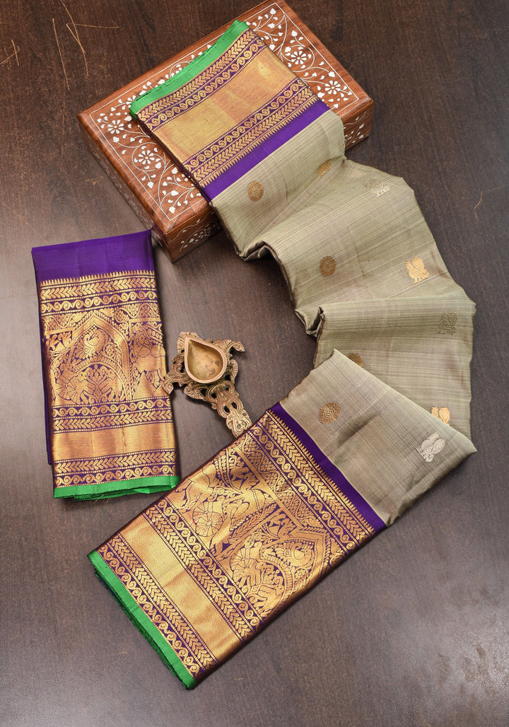Exquisite Handwoven  Gadwal Pure Silk Saree in Gray and Purple with 11" wide zari Border | SILK MARK CERTIFIED
