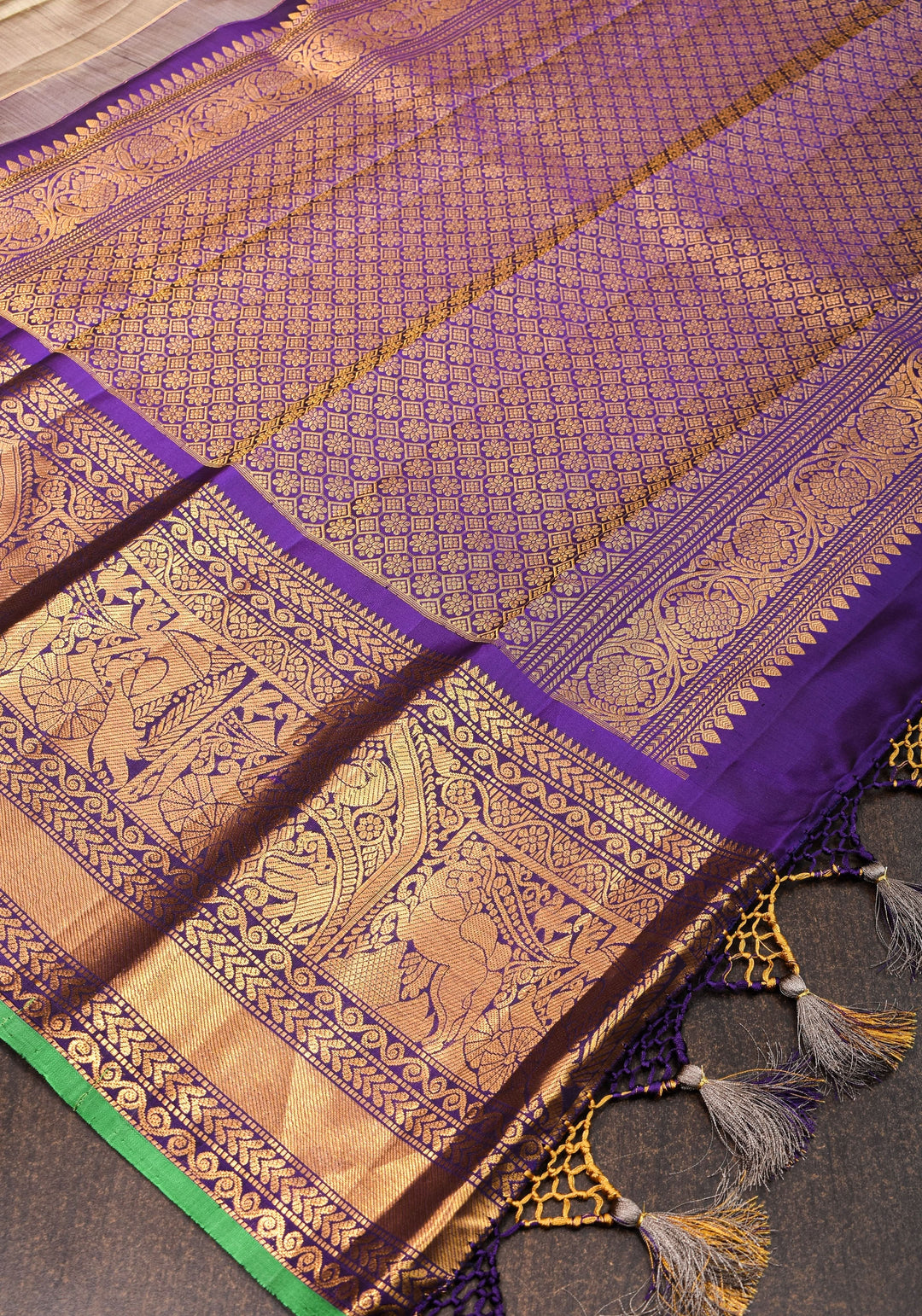 Exquisite Handwoven  Gadwal Pure Silk Saree in Gray and Purple with 11" wide zari Border | SILK MARK CERTIFIED