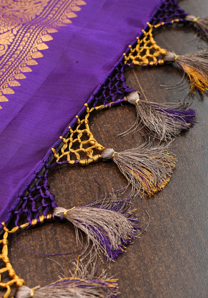 Exquisite Handwoven  Gadwal Pure Silk Saree in Gray and Purple with 11" wide zari Border | SILK MARK CERTIFIED