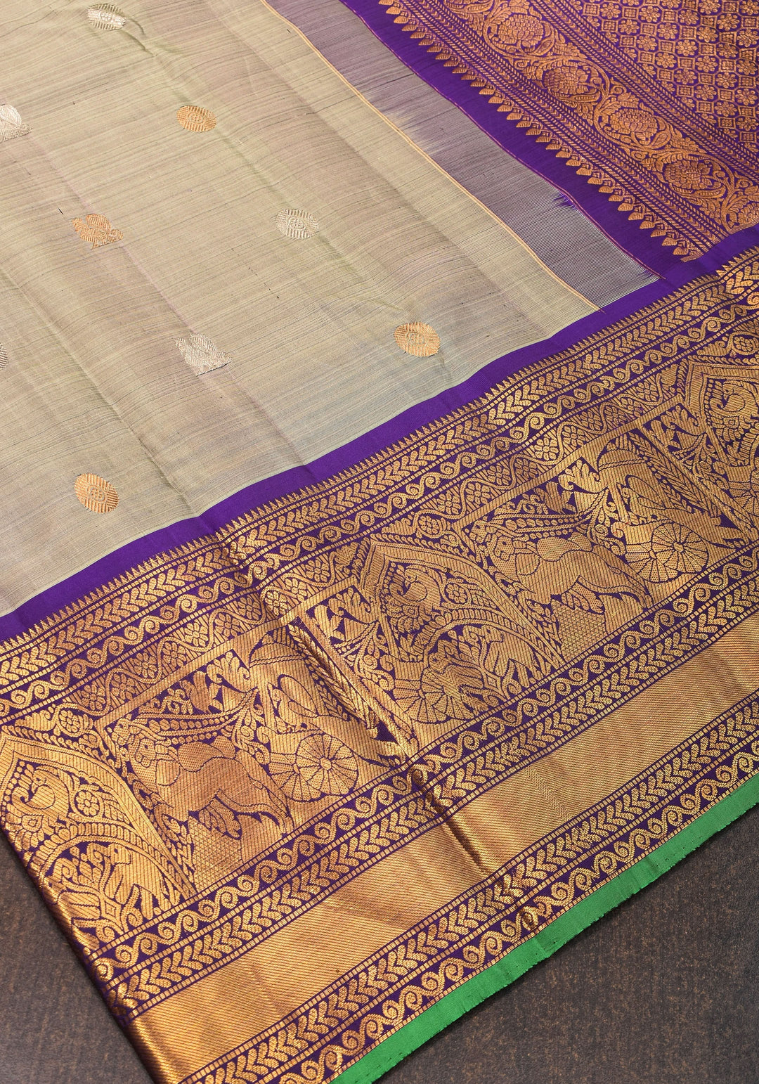 Exquisite Handwoven  Gadwal Pure Silk Saree in Gray and Purple with 11" wide zari Border | SILK MARK CERTIFIED