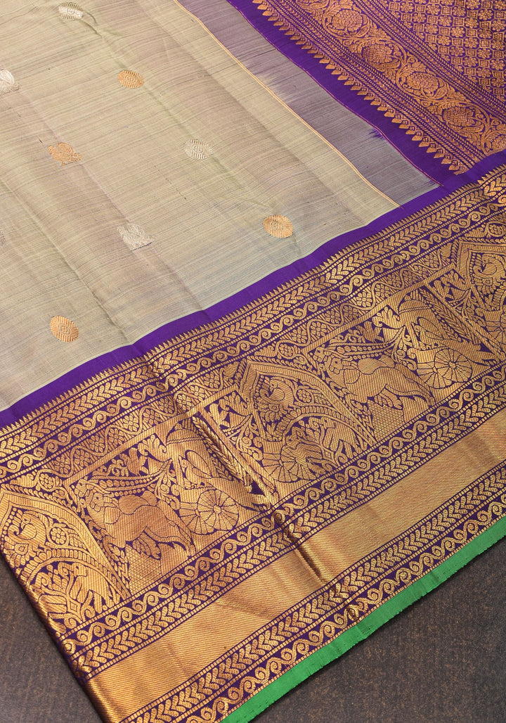 Exquisite Handwoven  Gadwal Pure Silk Saree in Gray and Purple with 11" wide zari Border | SILK MARK CERTIFIED