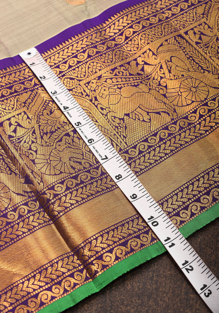Exquisite Handwoven  Gadwal Pure Silk Saree in Gray and Purple with 11" wide zari Border | SILK MARK CERTIFIED