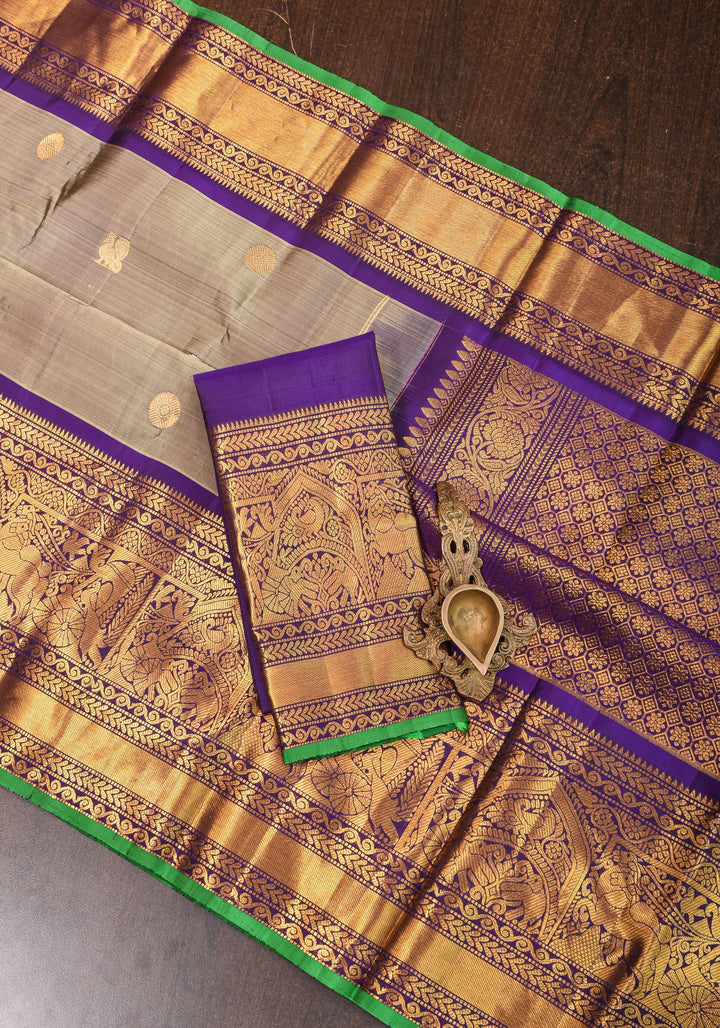 Exquisite Handwoven  Gadwal Pure Silk Saree in Gray and Purple with 11" wide zari Border | SILK MARK CERTIFIED