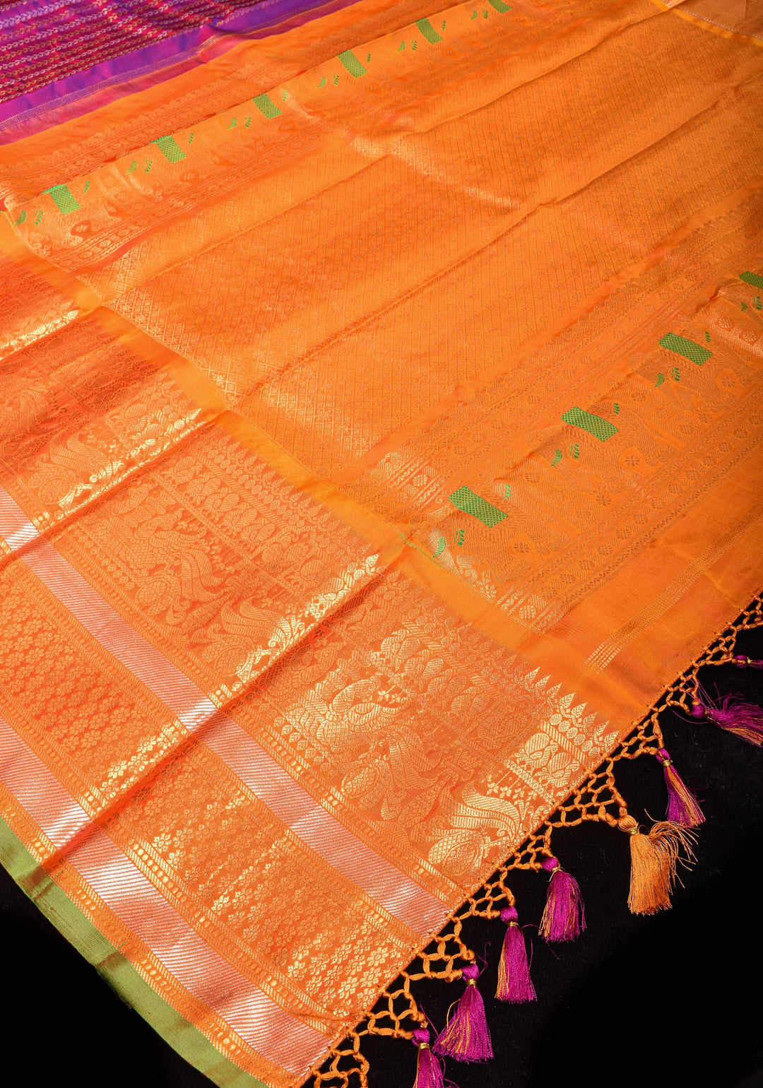 Pure Gadwal Silk Saree in Purple Blue Dual Tone with Ornate Zari Stripes and contrasting Orange Wide Border | SILK MARK CERTIFIED