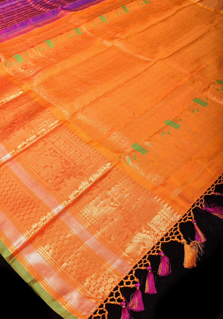 Pure Gadwal Silk Saree in Purple Blue Dual Tone with Ornate Zari Stripes and contrasting Orange Wide Border | SILK MARK CERTIFIED