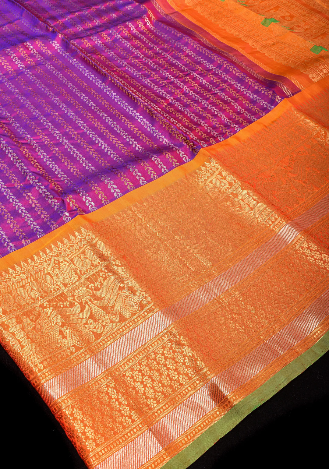 Pure Gadwal Silk Saree in Purple Blue Dual Tone with Ornate Zari Stripes and contrasting Orange Wide Border | SILK MARK CERTIFIED