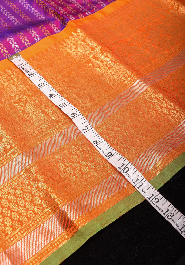 Pure Gadwal Silk Saree in Purple Blue Dual Tone with Ornate Zari Stripes and contrasting Orange Wide Border | SILK MARK CERTIFIED