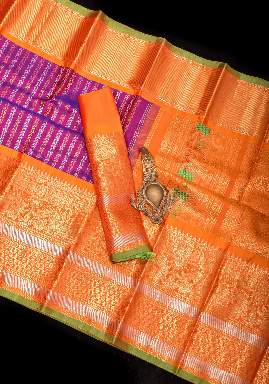 Pure Gadwal Silk Saree in Purple Blue Dual Tone with Ornate Zari Stripes and contrasting Orange Wide Border | SILK MARK CERTIFIED