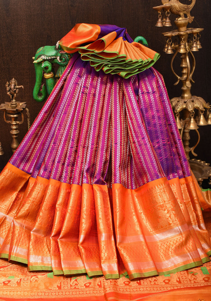 Pure Gadwal Silk Saree in Purple Blue Dual Tone with Ornate Zari Stripes and contrasting Orange Wide Border | SILK MARK CERTIFIED