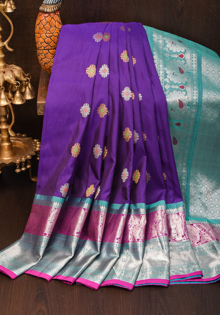 Muggu Design Meenakari Gadwal Silk Saree in Purple with Two Tone  Border | SILK MARK CERTIFIED