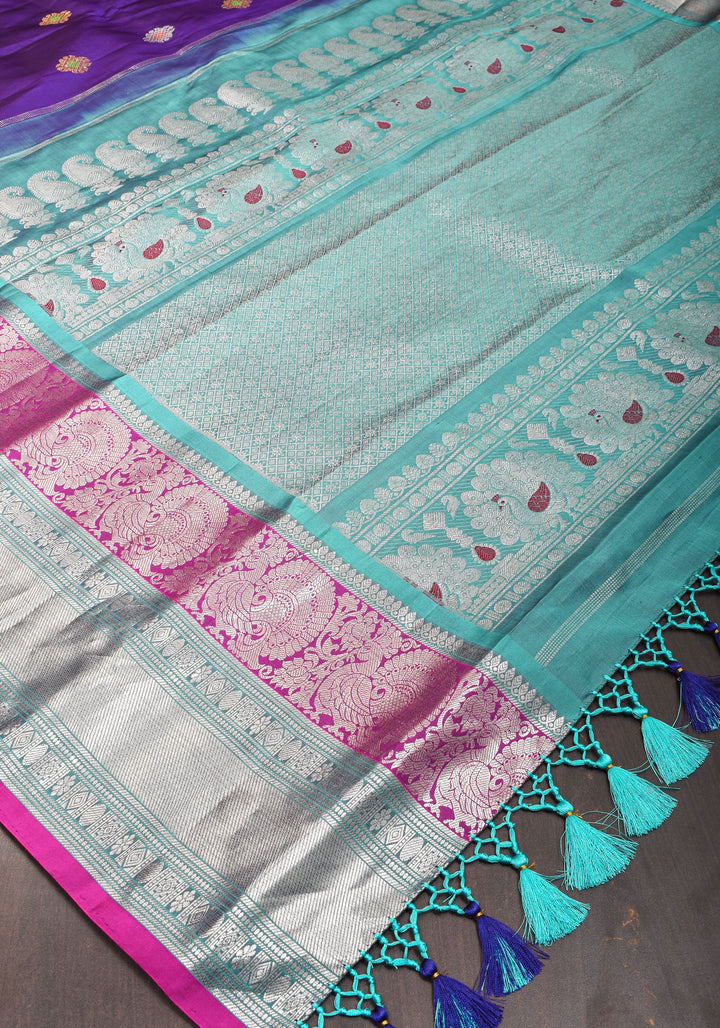 Muggu Design Meenakari Gadwal Silk Saree in Purple with Two Tone  Border | SILK MARK CERTIFIED