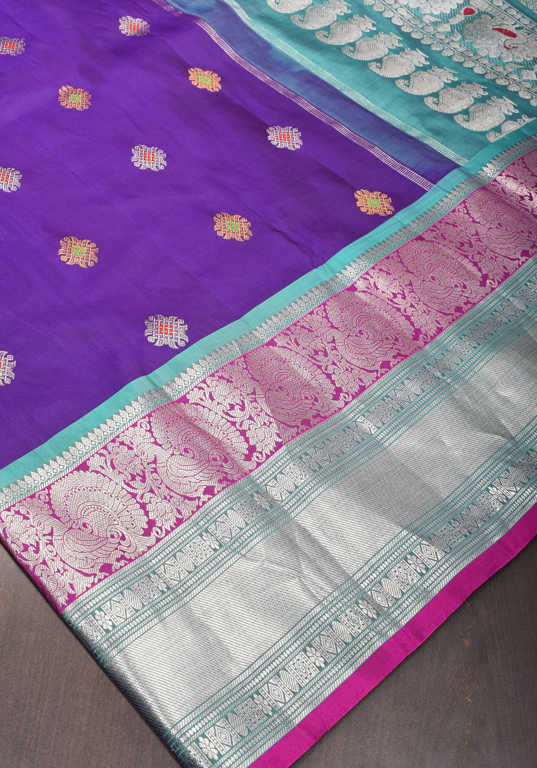 Muggu Design Meenakari Gadwal Silk Saree in Purple with Two Tone  Border | SILK MARK CERTIFIED