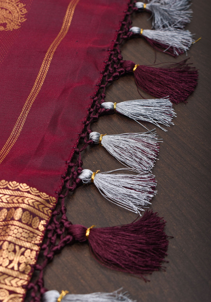 Taupe Exquisite Brocade Gadwal Silk Saree with floral Jaal and extravagant 16 inch Zari border | SILK MARK CERTIFIED