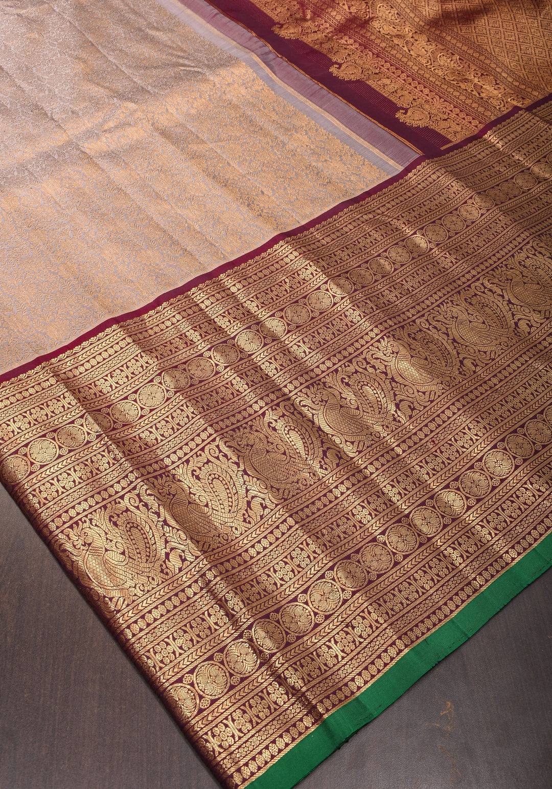 Taupe Exquisite Brocade Gadwal Silk Saree with floral Jaal and extravagant 16 inch Zari border | SILK MARK CERTIFIED