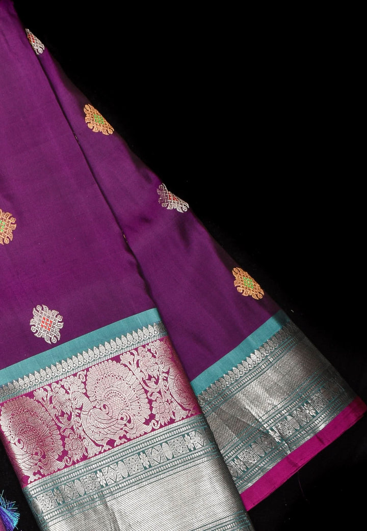 Muggu Design Meenakari Gadwal Silk Saree in Purple with Two Tone  Border | SILK MARK CERTIFIED