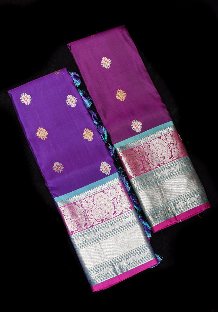 Muggu Design Meenakari Gadwal Silk Saree in Purple with Two Tone  Border | SILK MARK CERTIFIED