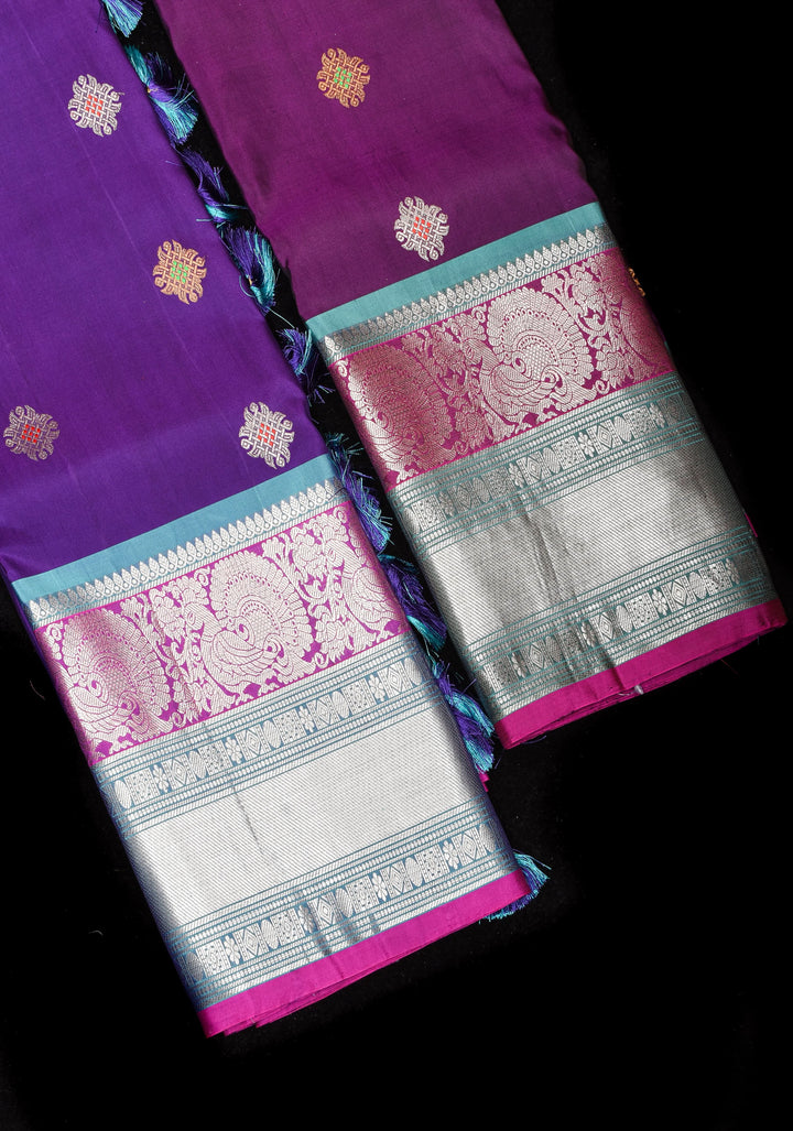 Muggu Design Meenakari Gadwal Silk Saree in Purple with Two Tone  Border | SILK MARK CERTIFIED