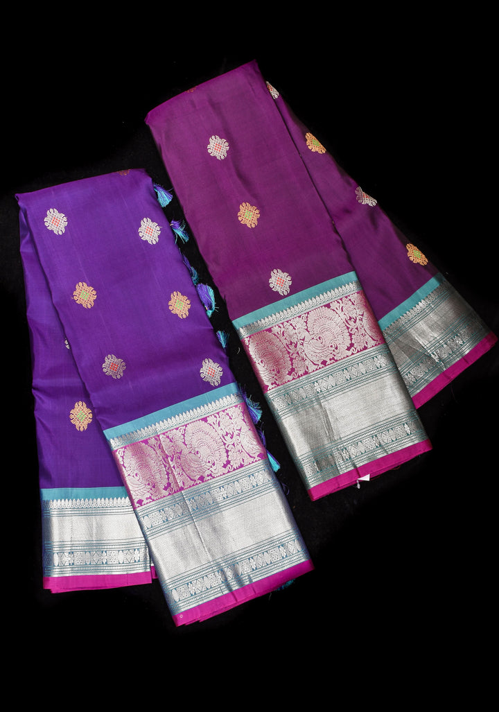 Muggu Design Meenakari Gadwal Silk Saree in Purple with Two Tone  Border | SILK MARK CERTIFIED