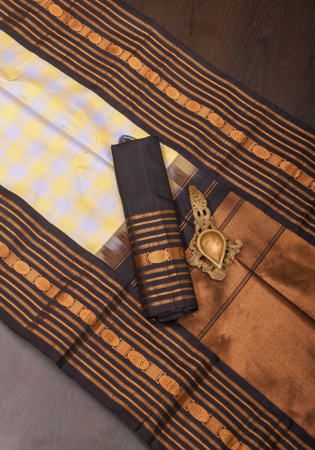 Checks with Korvai Border Gadwal Pure Silk Saree in Butter Yellow and Heather Gray  | SILK MARK CERTIFIED