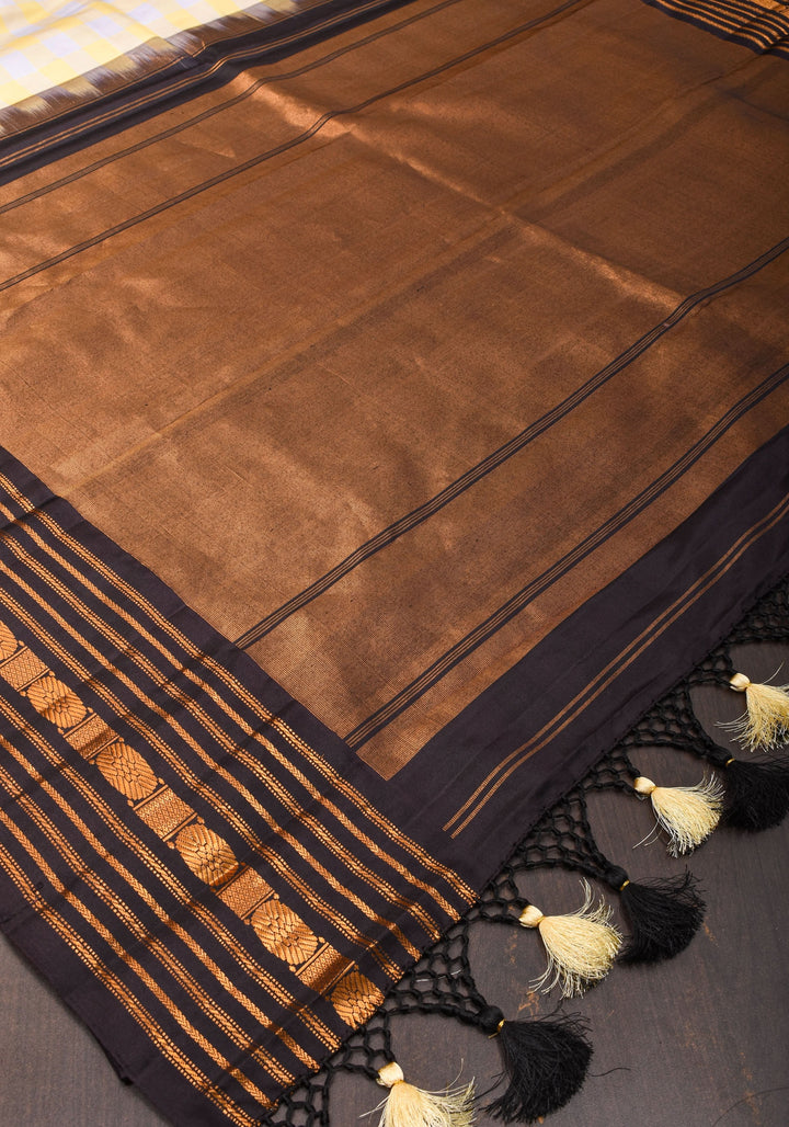Checks with Korvai Border Gadwal Pure Silk Saree in Butter Yellow and Heather Gray  | SILK MARK CERTIFIED