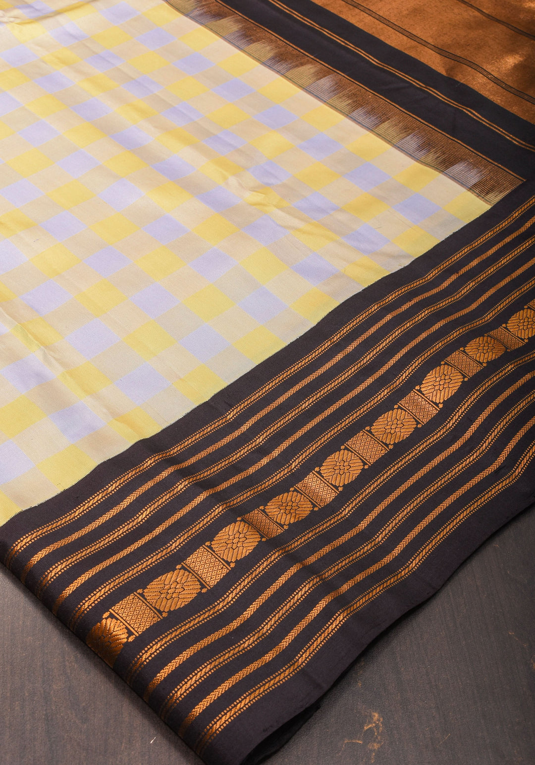 Checks with Korvai Border Gadwal Pure Silk Saree in Butter Yellow and Heather Gray  | SILK MARK CERTIFIED