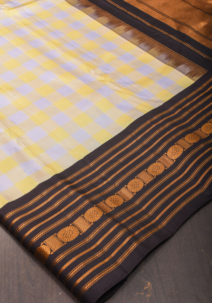 Checks with Korvai Border Gadwal Pure Silk Saree in Butter Yellow and Heather Gray  | SILK MARK CERTIFIED