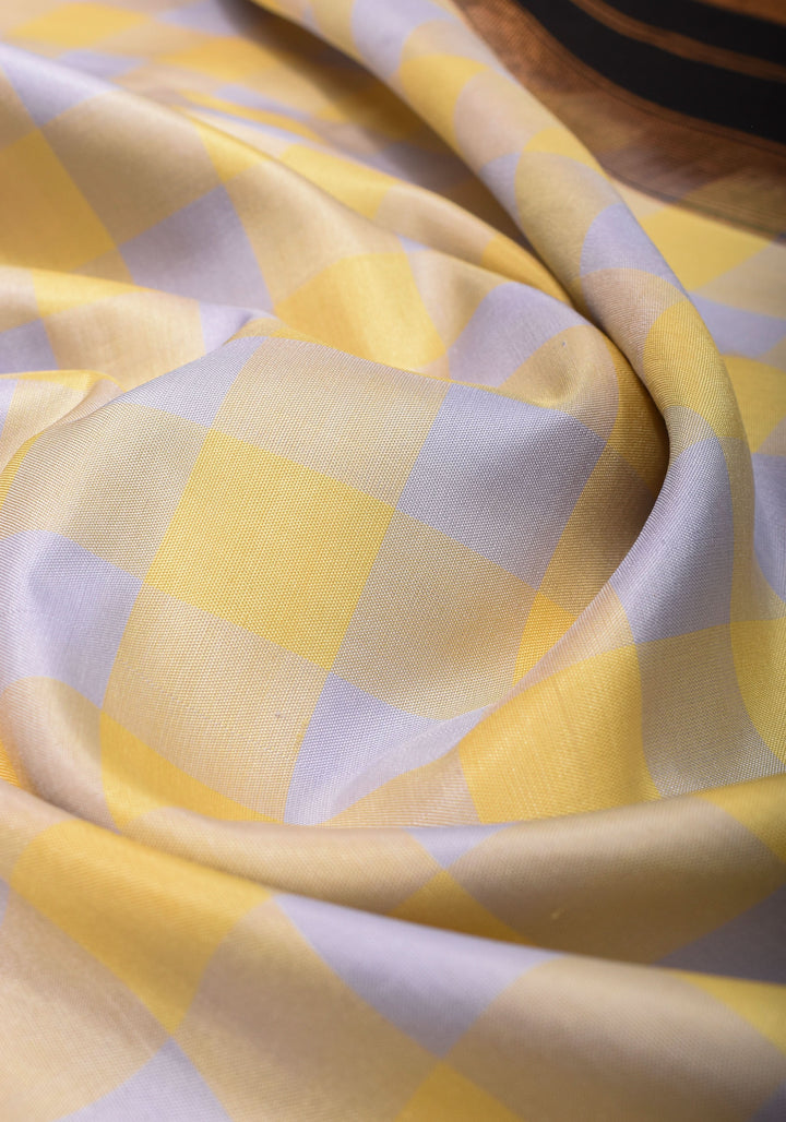 Checks with Korvai Border Gadwal Pure Silk Saree in Butter Yellow and Heather Gray  | SILK MARK CERTIFIED