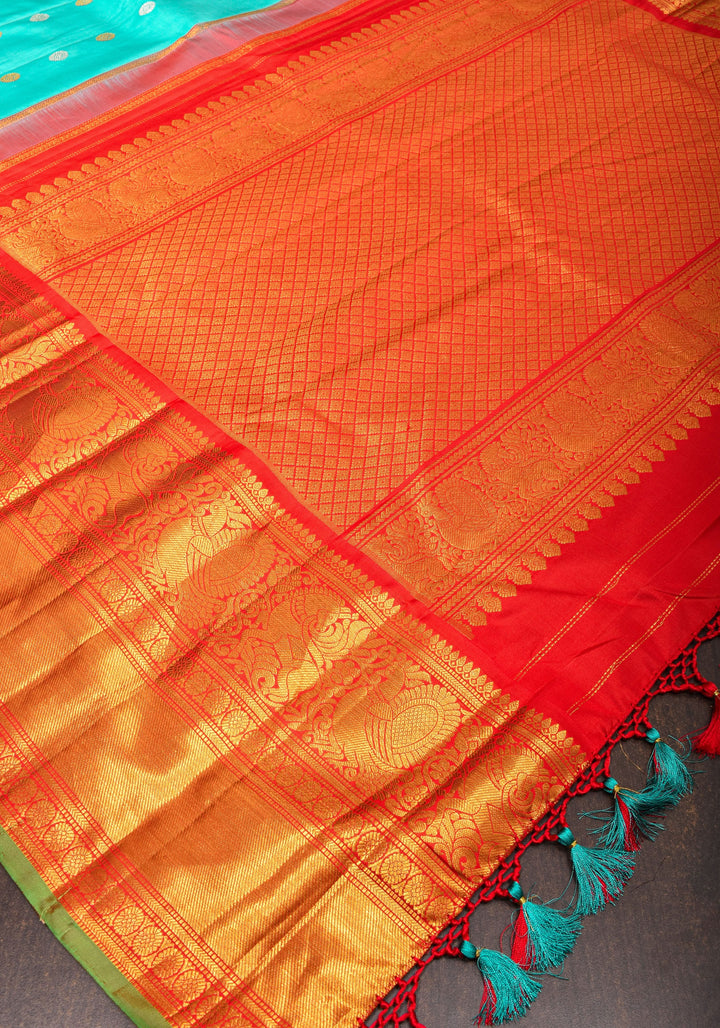 Korvai Cyan Gadwal handwoven pure silk saree with zari buttas and 11"  Red Wide Border | SILK MARK CERTIFIED