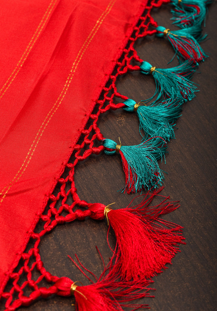 Korvai Cyan Gadwal handwoven pure silk saree with zari buttas and 11"  Red Wide Border | SILK MARK CERTIFIED