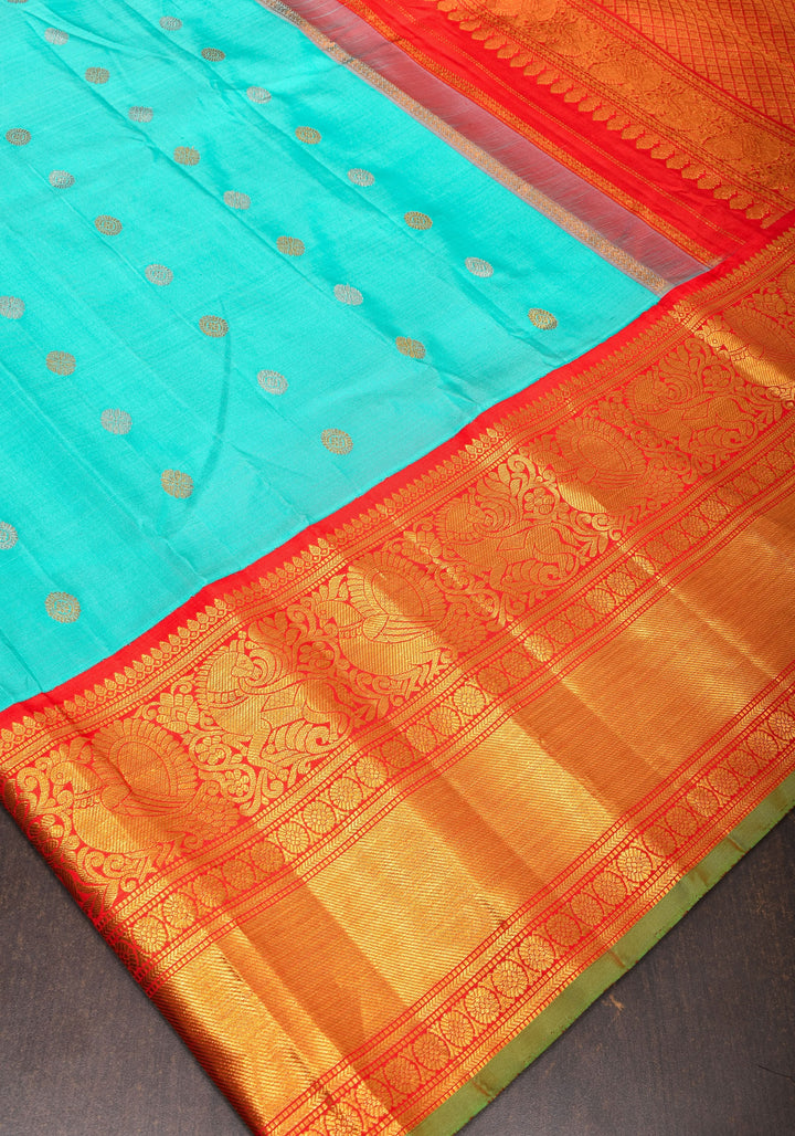 Korvai Cyan Gadwal handwoven pure silk saree with zari buttas and 11"  Red Wide Border | SILK MARK CERTIFIED