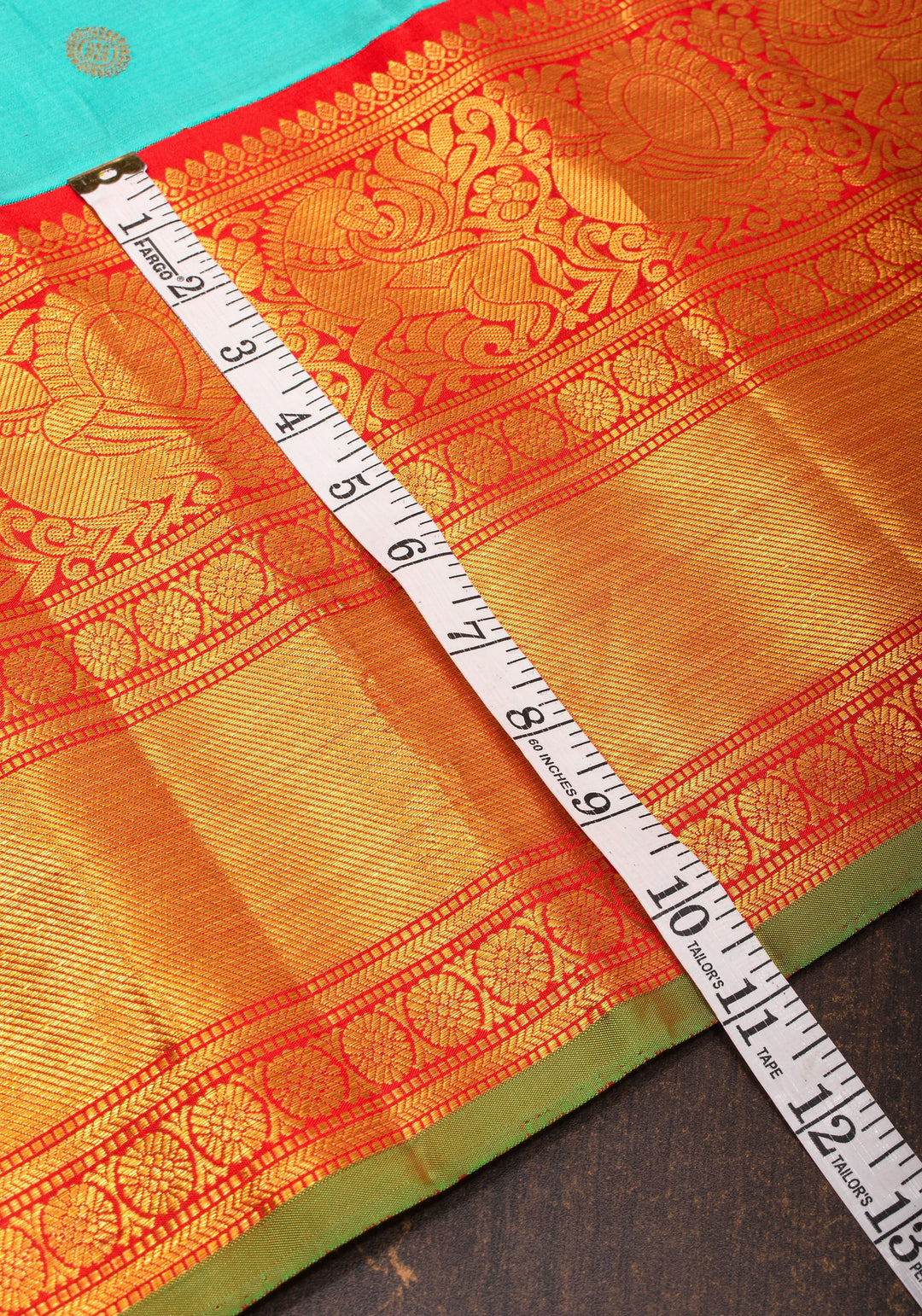 Korvai Cyan Gadwal handwoven pure silk saree with zari buttas and 11"  Red Wide Border | SILK MARK CERTIFIED