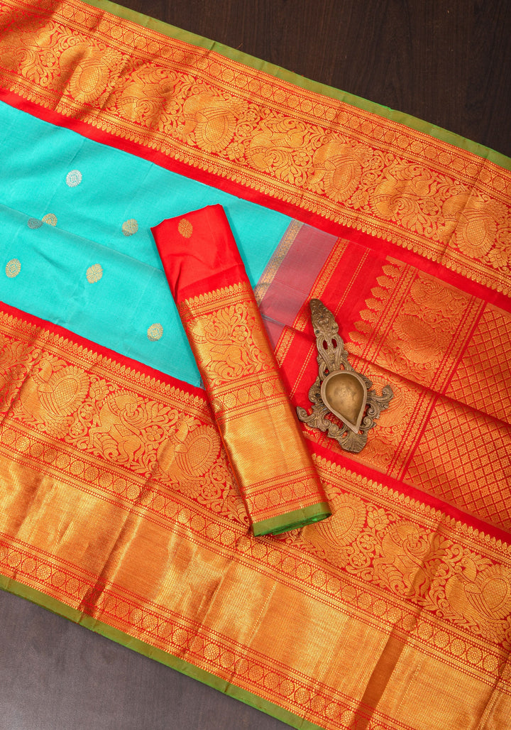 Korvai Cyan Gadwal handwoven pure silk saree with zari buttas and 11"  Red Wide Border | SILK MARK CERTIFIED