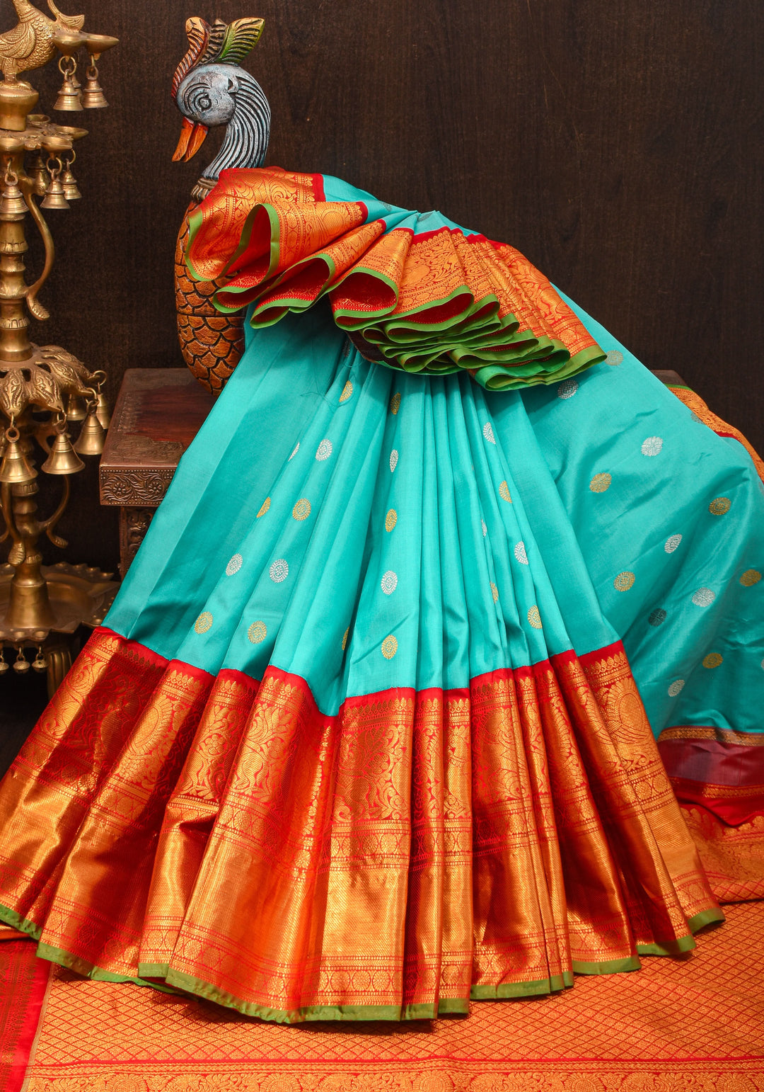 Korvai Cyan Gadwal handwoven pure silk saree with zari buttas and 11"  Red Wide Border | SILK MARK CERTIFIED