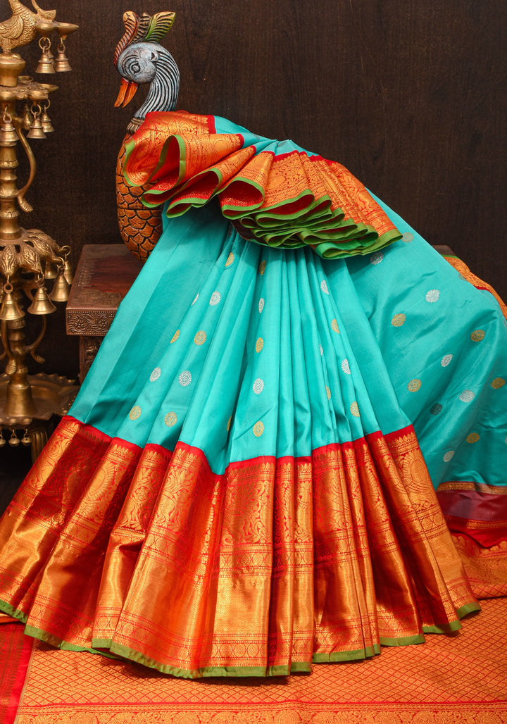 Korvai Cyan Gadwal handwoven pure silk saree with zari buttas and 11"  Red Wide Border | SILK MARK CERTIFIED