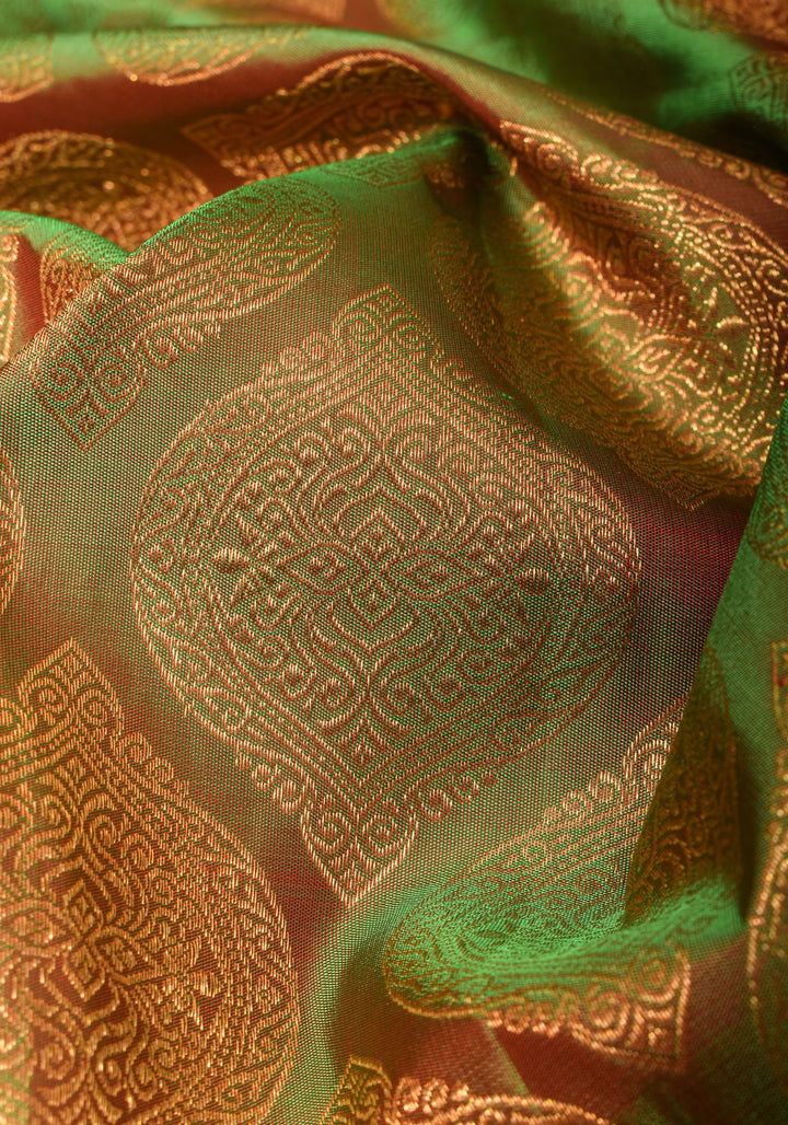 Exquisite Pure Gadwal Silk Saree in Henna Green dual tone  brocade with Contrast Red border and meenakari pallu| SILK MARK CERTIFIED
