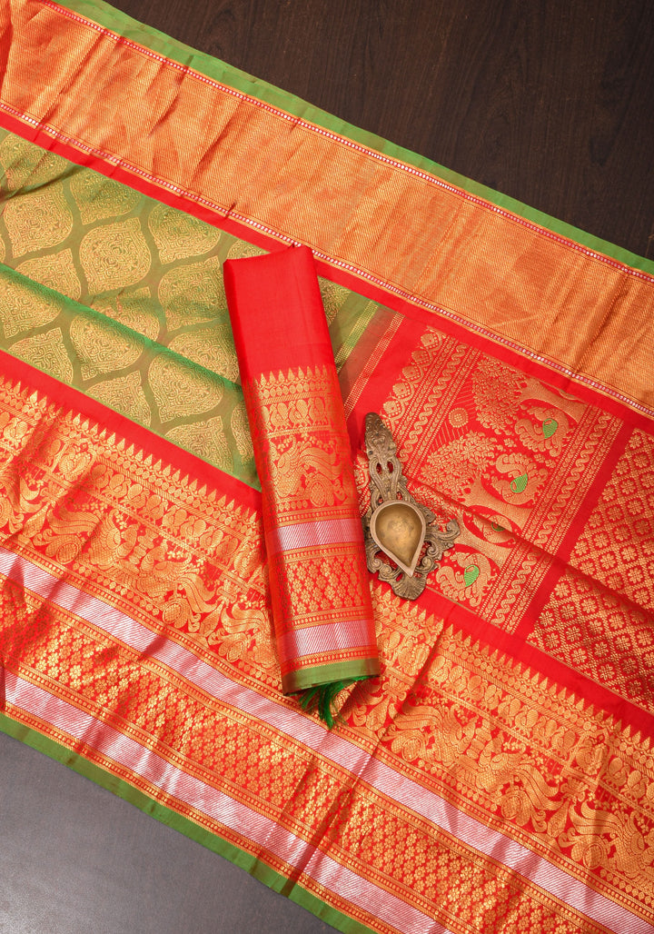 Exquisite Pure Gadwal Silk Saree in Henna Green dual tone  brocade with Contrast Red border and meenakari pallu| SILK MARK CERTIFIED